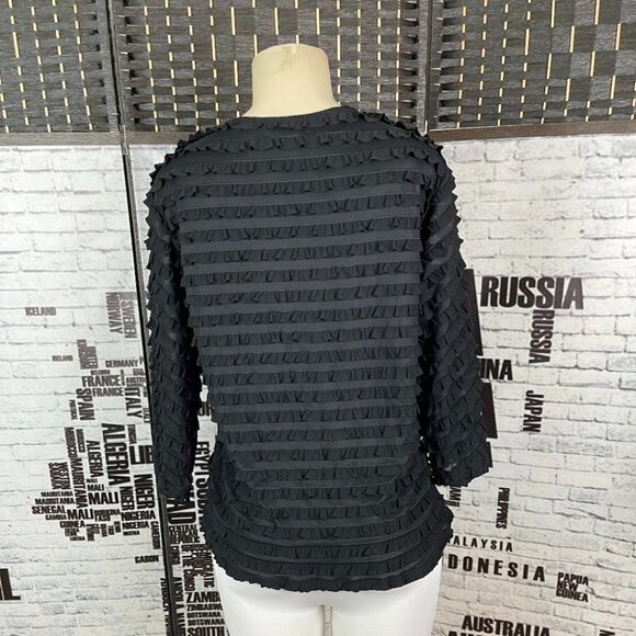 Draper's & Damon's L Black Layered Ruffled Lined V-Neck 3/4 Sheer Sleeve Top - Picture 2 of 5